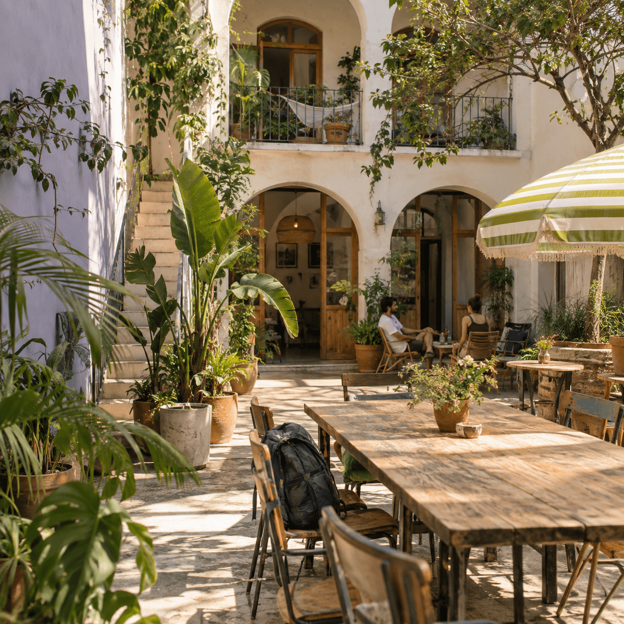 A sunlit hostel courtyard filled with plants